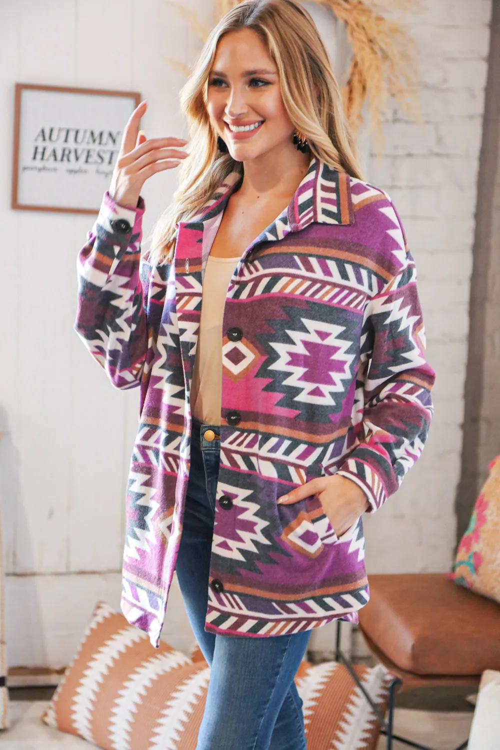 Magenta Brushed Aztec Oversized Pocketed Shacket