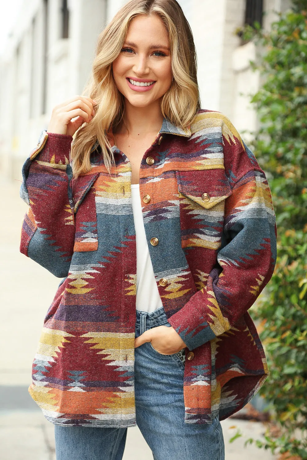 Mahogany Aztec Flannel Jacquard Oversize Shacket