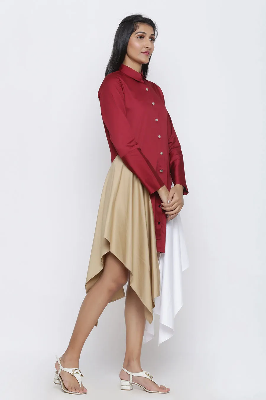 Maroon Two Drape Shirt Dress