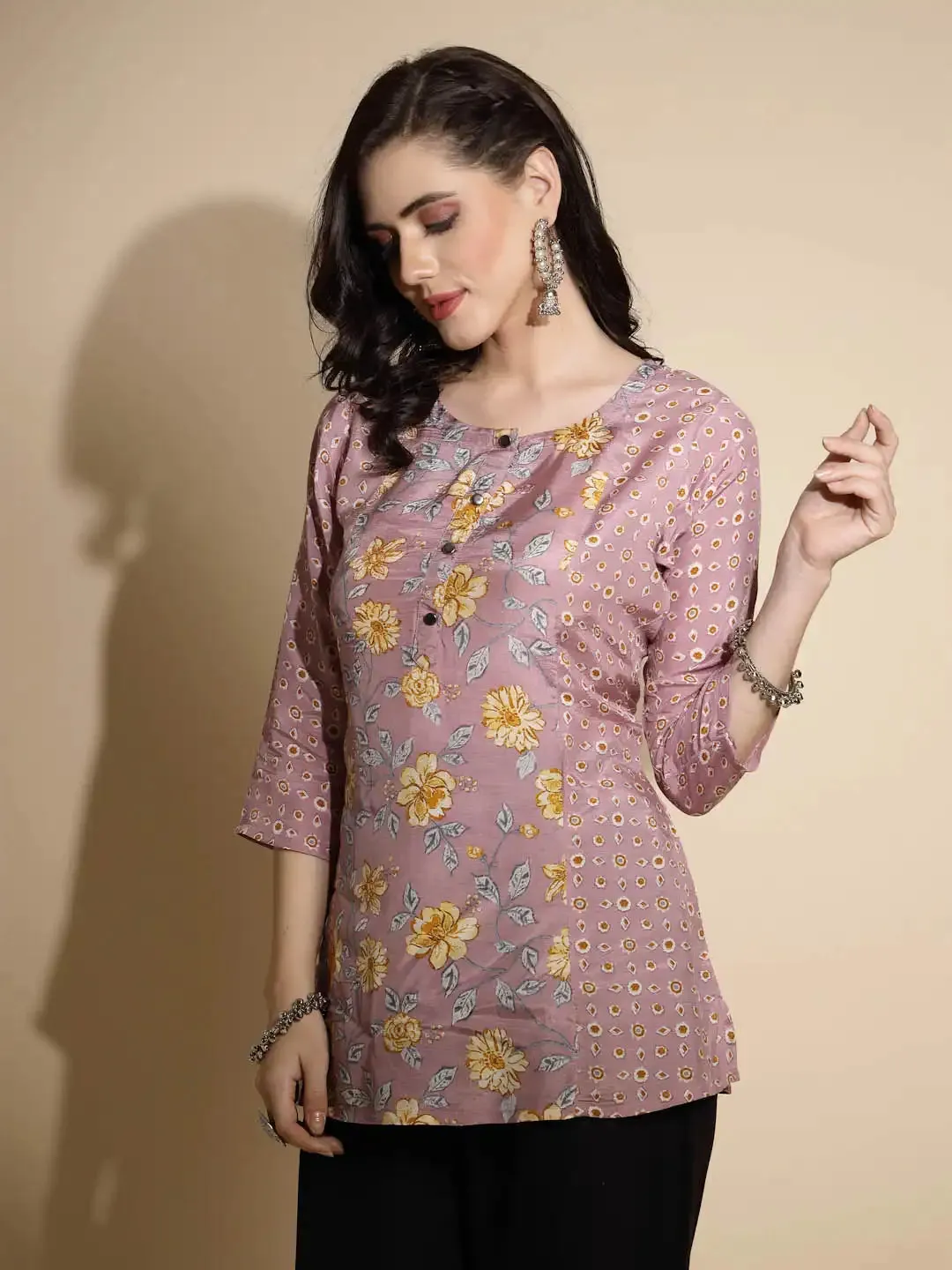 Mauve Floral Print Satin Tunic