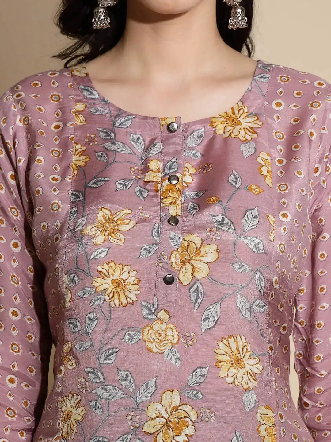 Mauve Floral Print Satin Tunic