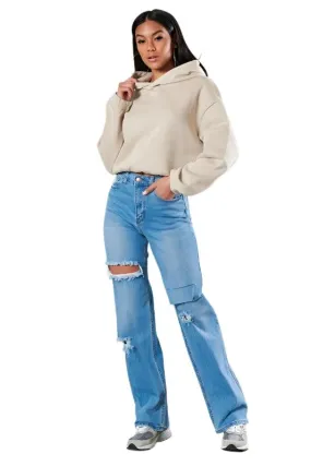 Medium Stone Distressed Wide Leg Jeans