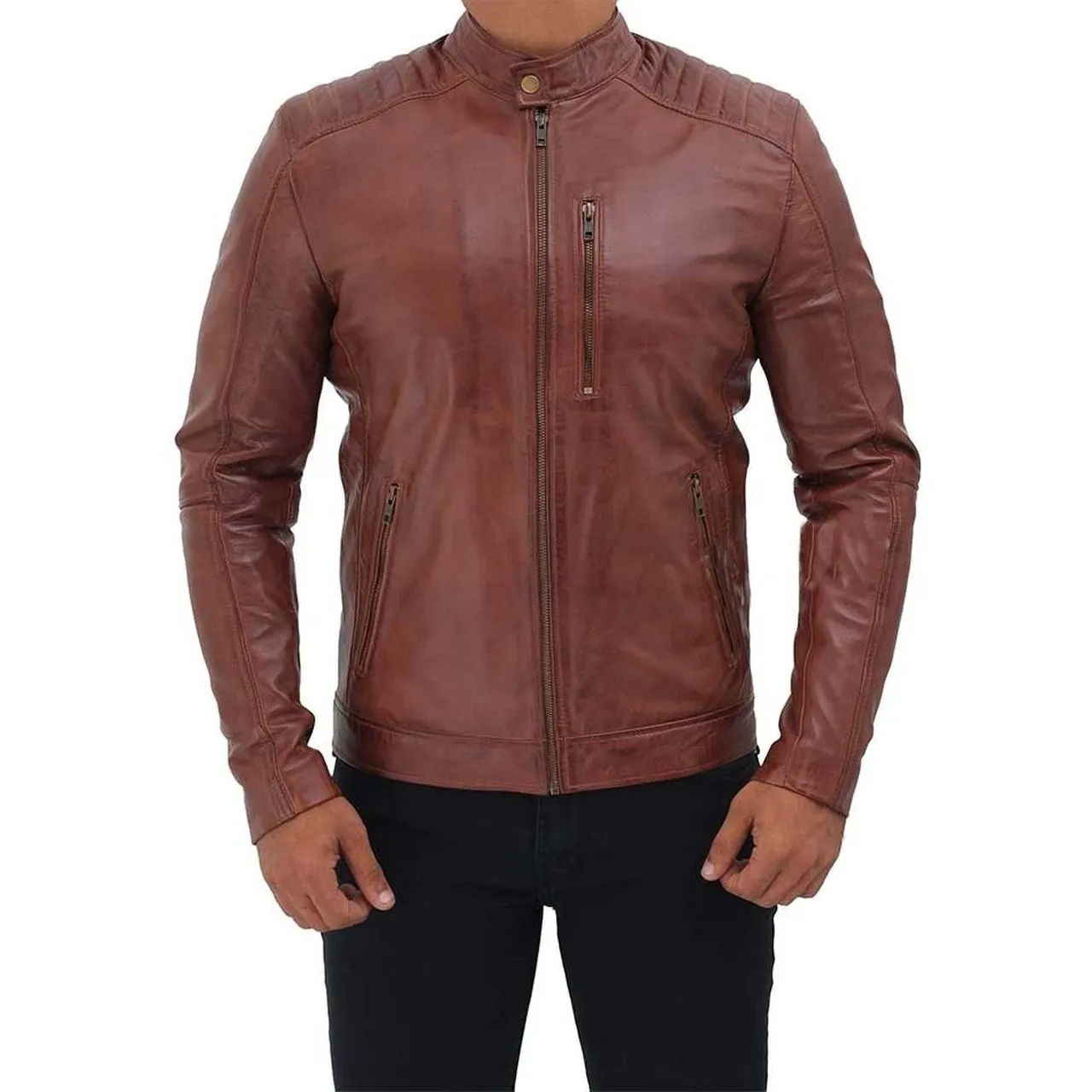 Men Tan Quilted Leather Motorcycle Jacket