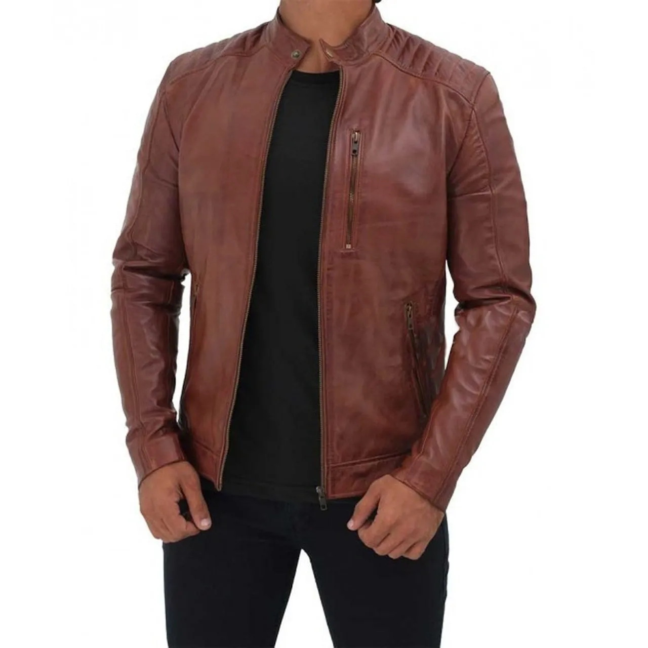 Men Tan Quilted Leather Motorcycle Jacket