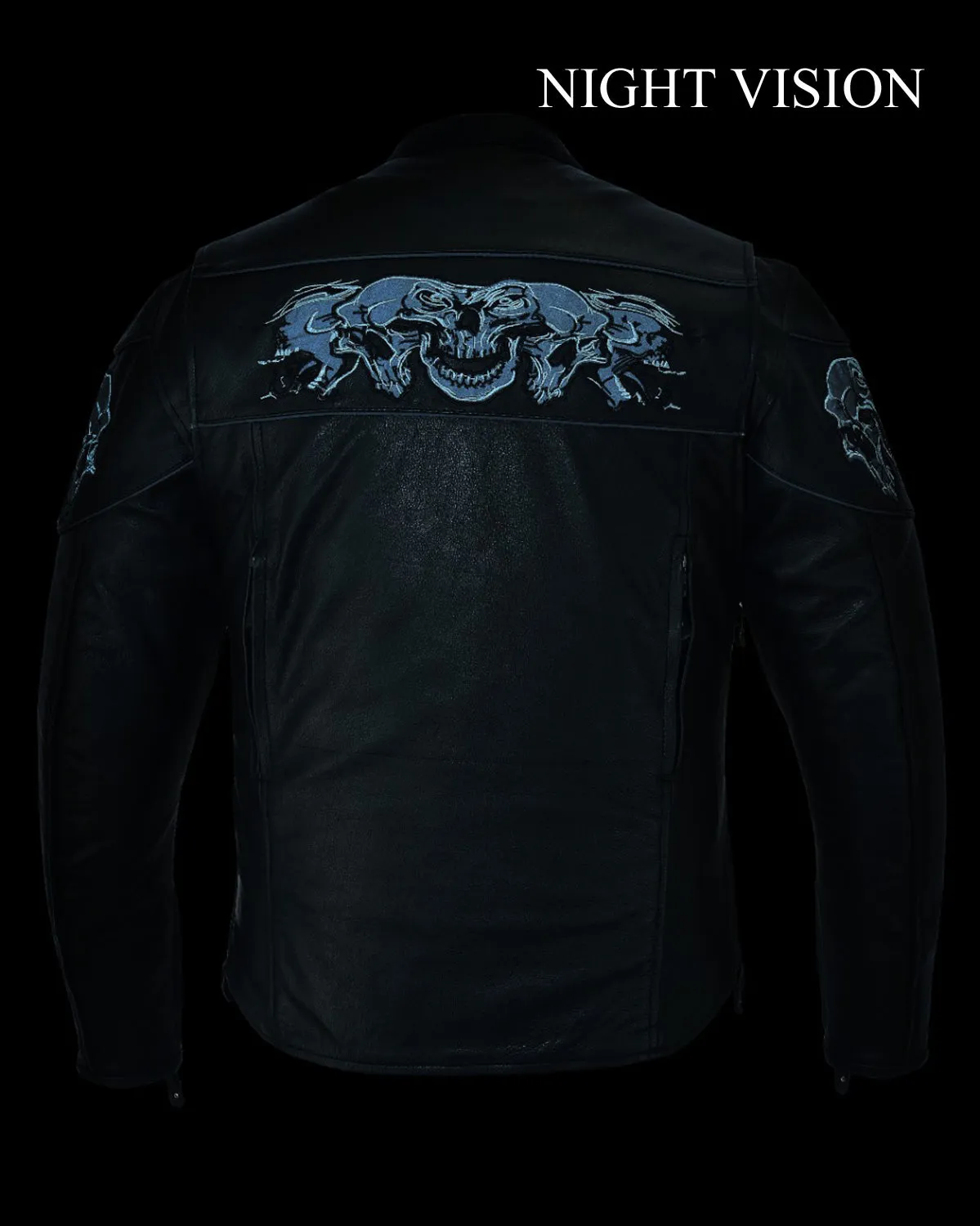 Men's Leather Concealed Carry Racing Jacket with Reflective Skulls