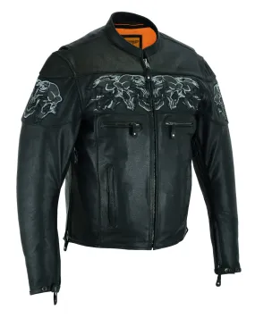 Men's Leather Concealed Carry Racing Jacket with Reflective Skulls