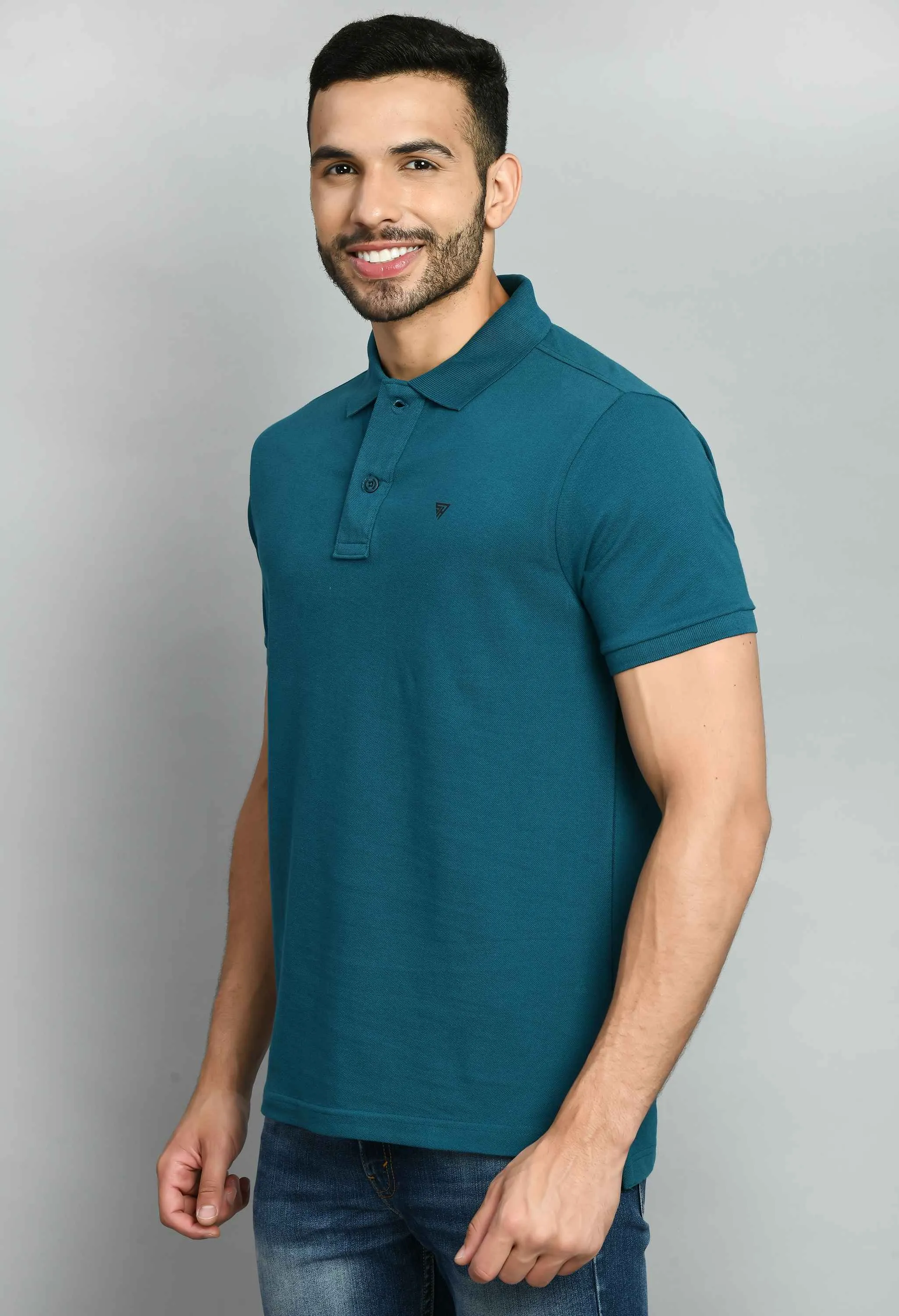 Men's Solid Tint Blue Polo Collar T-Shirt