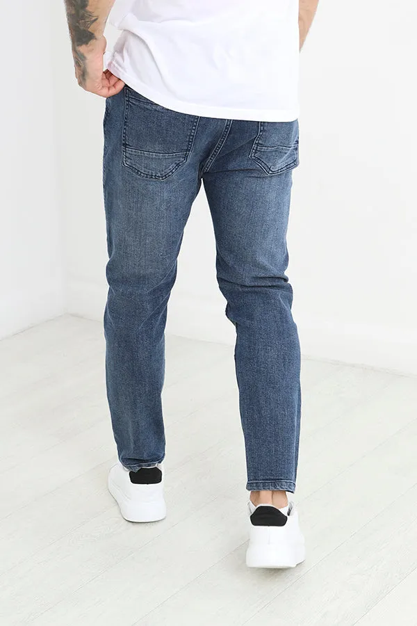 MID BLUE WASH BIKER STYLE SKINNY FIT DENIM JEANS