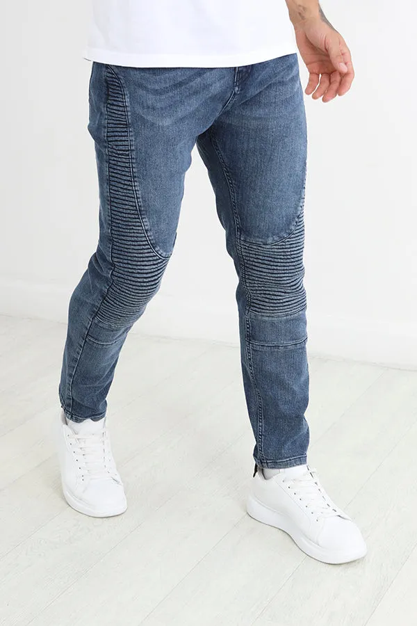 MID BLUE WASH BIKER STYLE SKINNY FIT DENIM JEANS