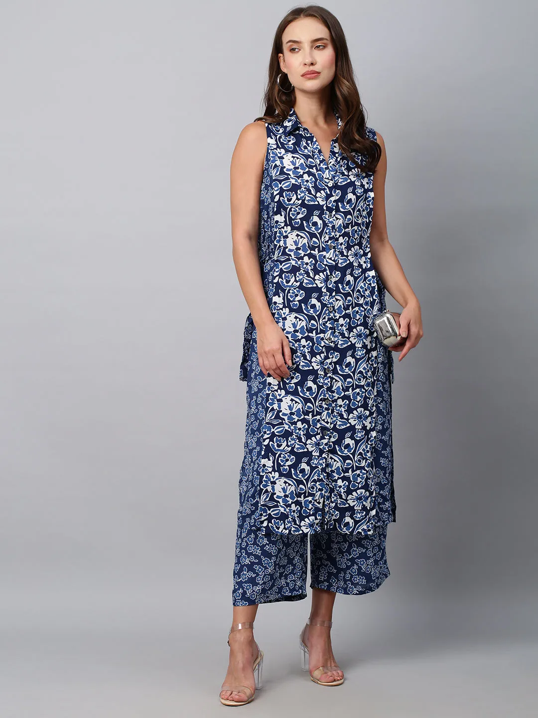 Modal Printed Shirt Style Side Tie Tunic Top W/ Wide Leg Pyjamas