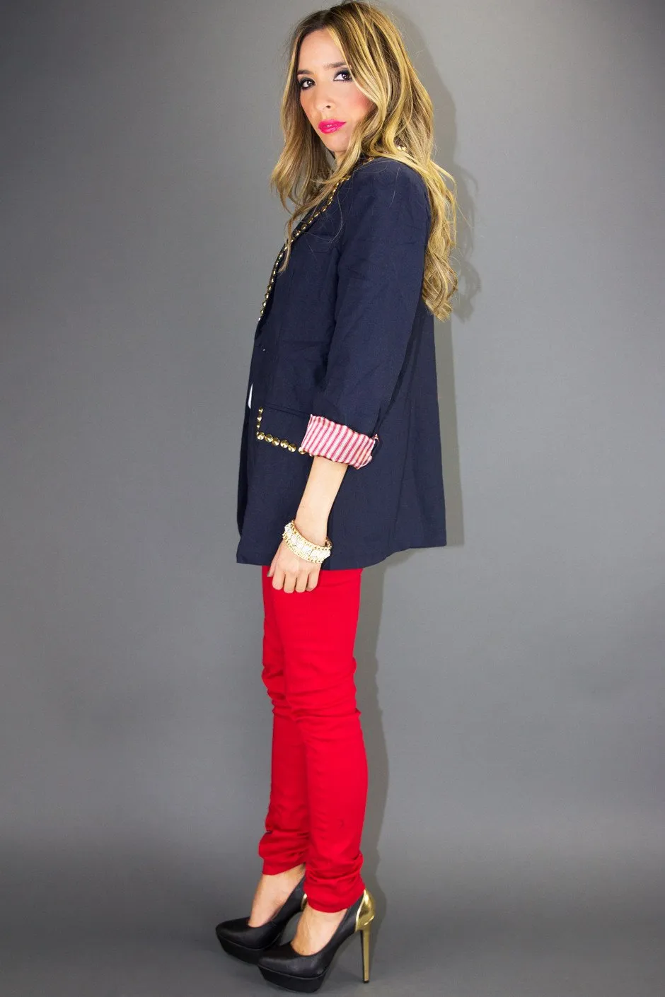 NALLA GOLD STUDDED NAVY BLAZER