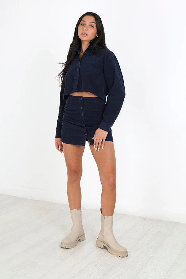 NAVY LONG SLEEVE CROPPED CORDUROY SHIRT