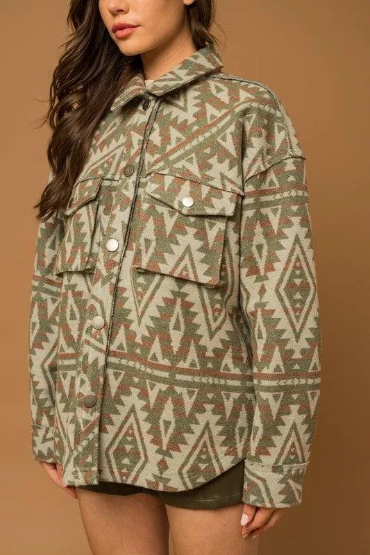 Olive Green 3D Pocket Aztec Print Shacket