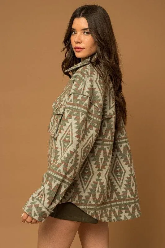 Olive Green 3D Pocket Aztec Print Shacket