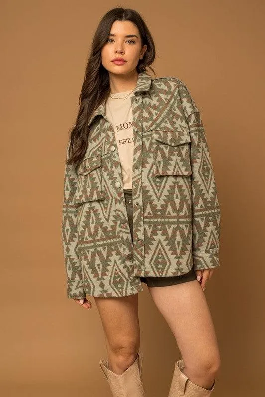 Olive Green 3D Pocket Aztec Print Shacket