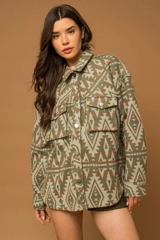 Olive Green 3D Pocket Aztec Print Shacket