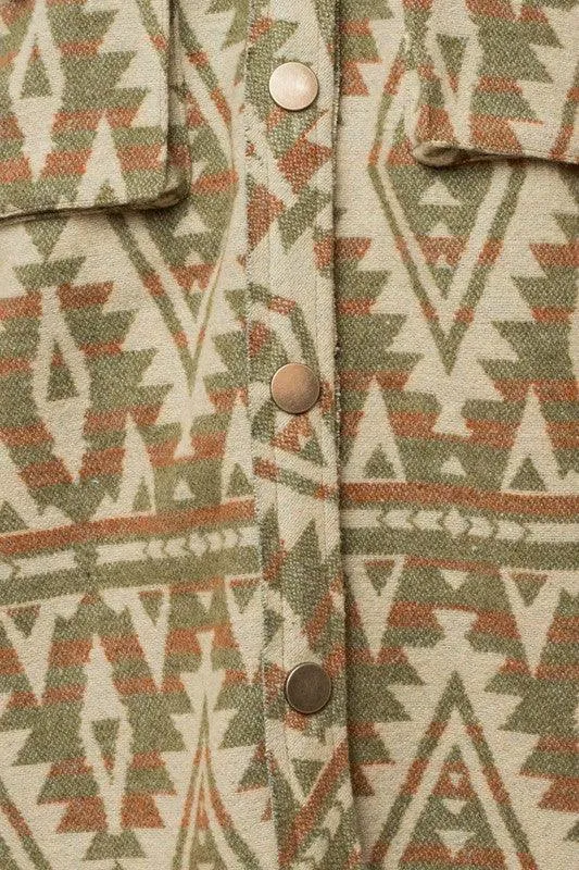 Olive Green 3D Pocket Aztec Print Shacket