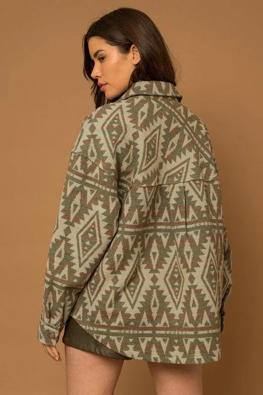 Olive Green 3D Pocket Aztec Print Shacket