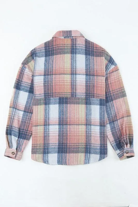 Pink cream plaid checker button shacket shirt