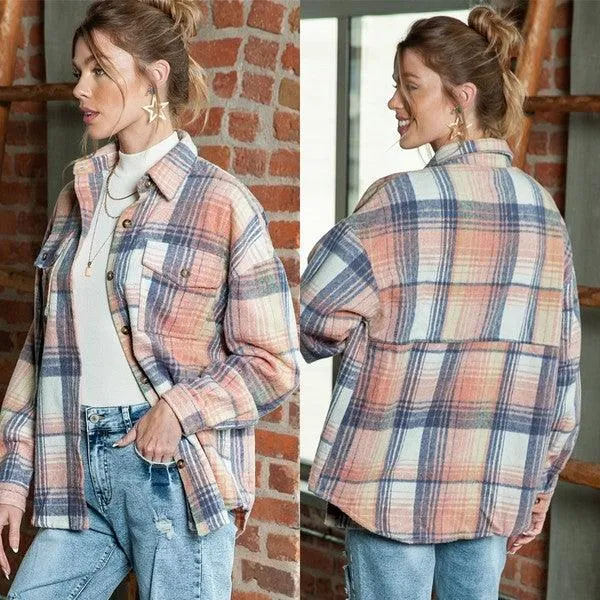 Pink cream plaid checker button shacket shirt