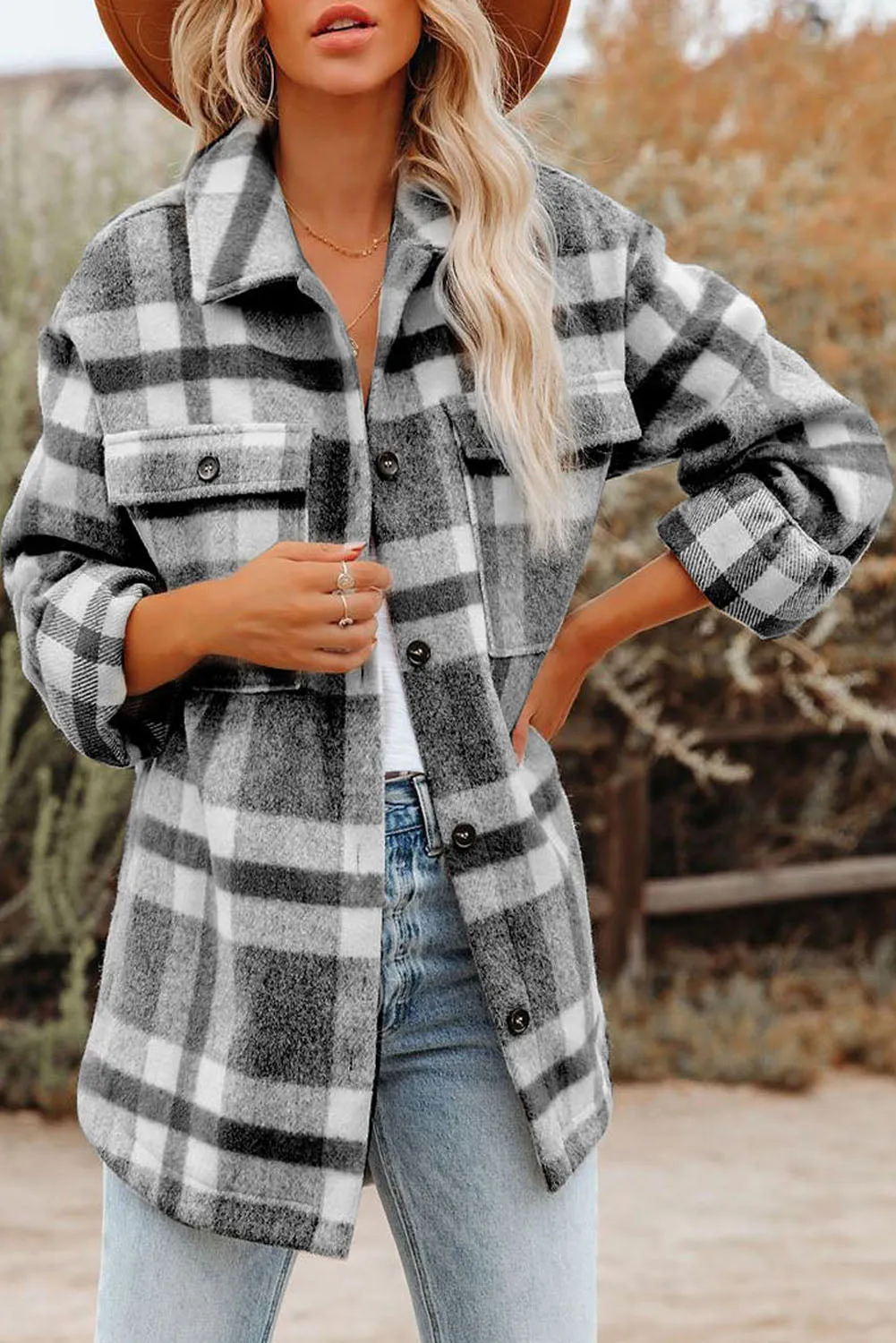 Plaid Print Pocket Women Shacket