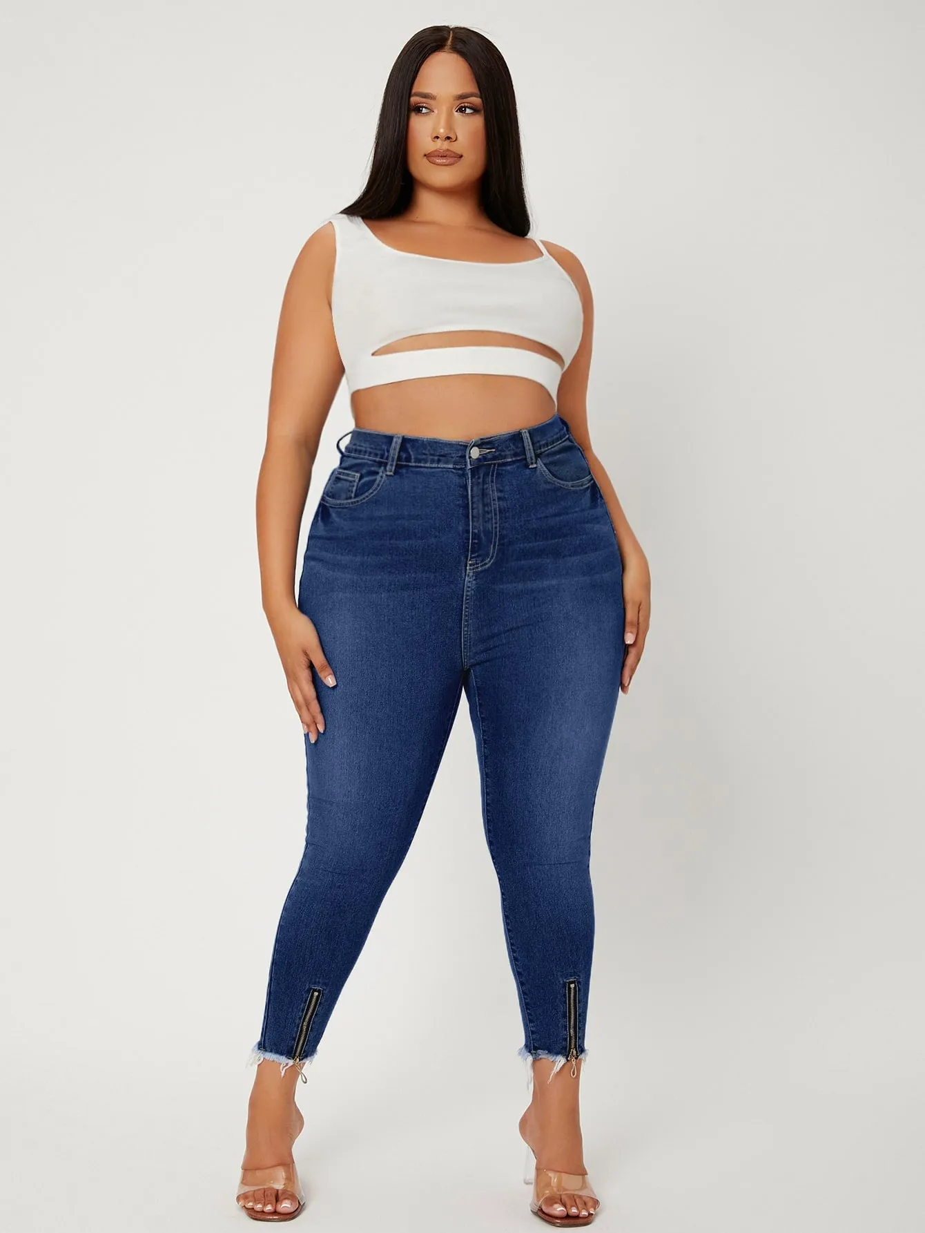 Plain Raw Hem High Waist Cropped Plus Size Jeans