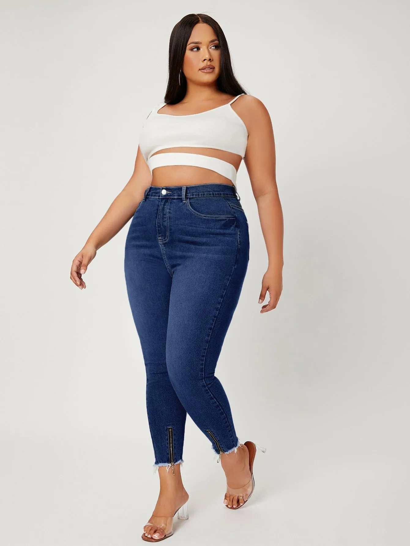 Plain Raw Hem High Waist Cropped Plus Size Jeans