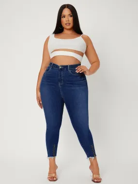 Plain Raw Hem High Waist Cropped Plus Size Jeans