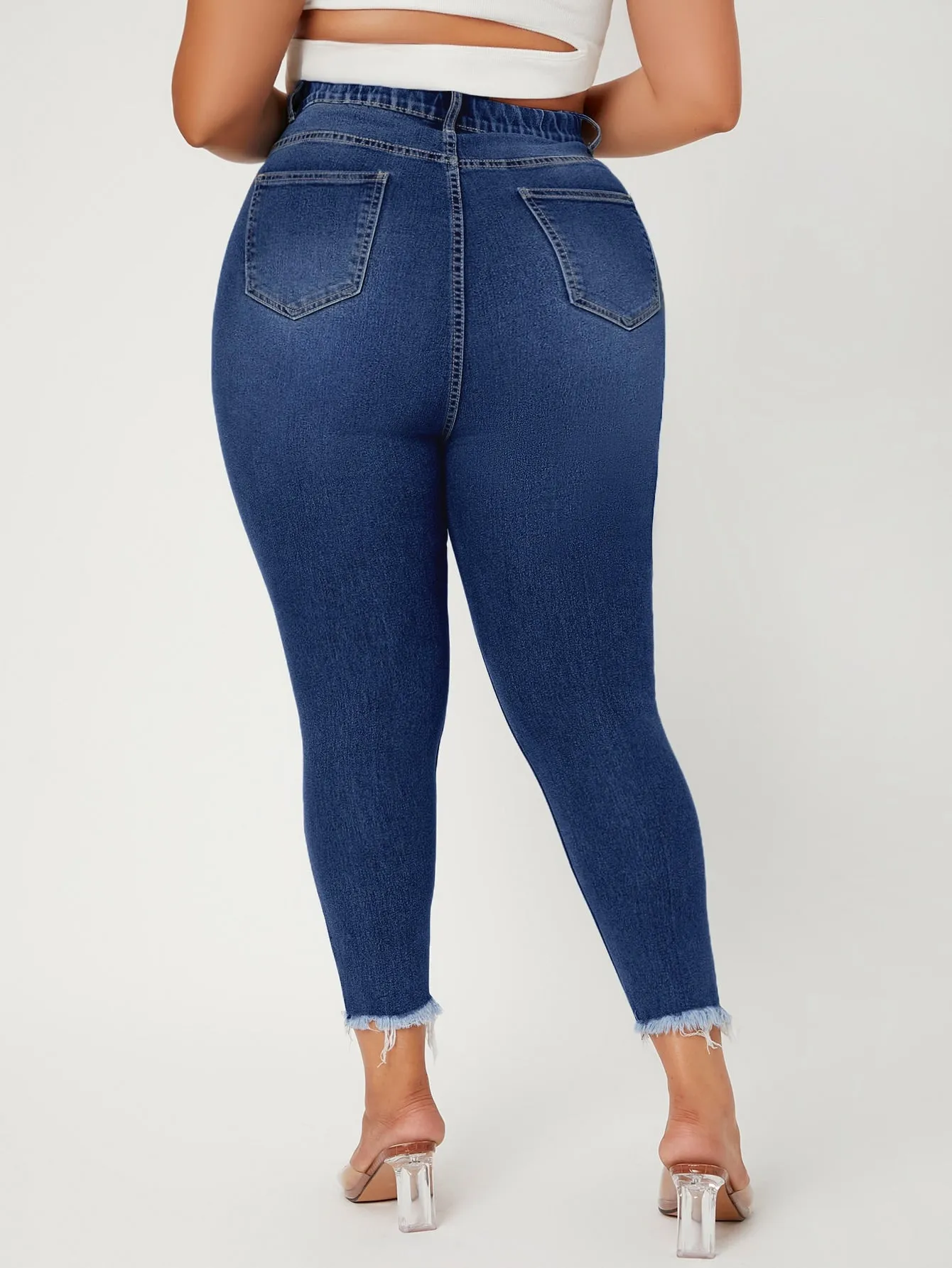 Plain Raw Hem High Waist Cropped Plus Size Jeans