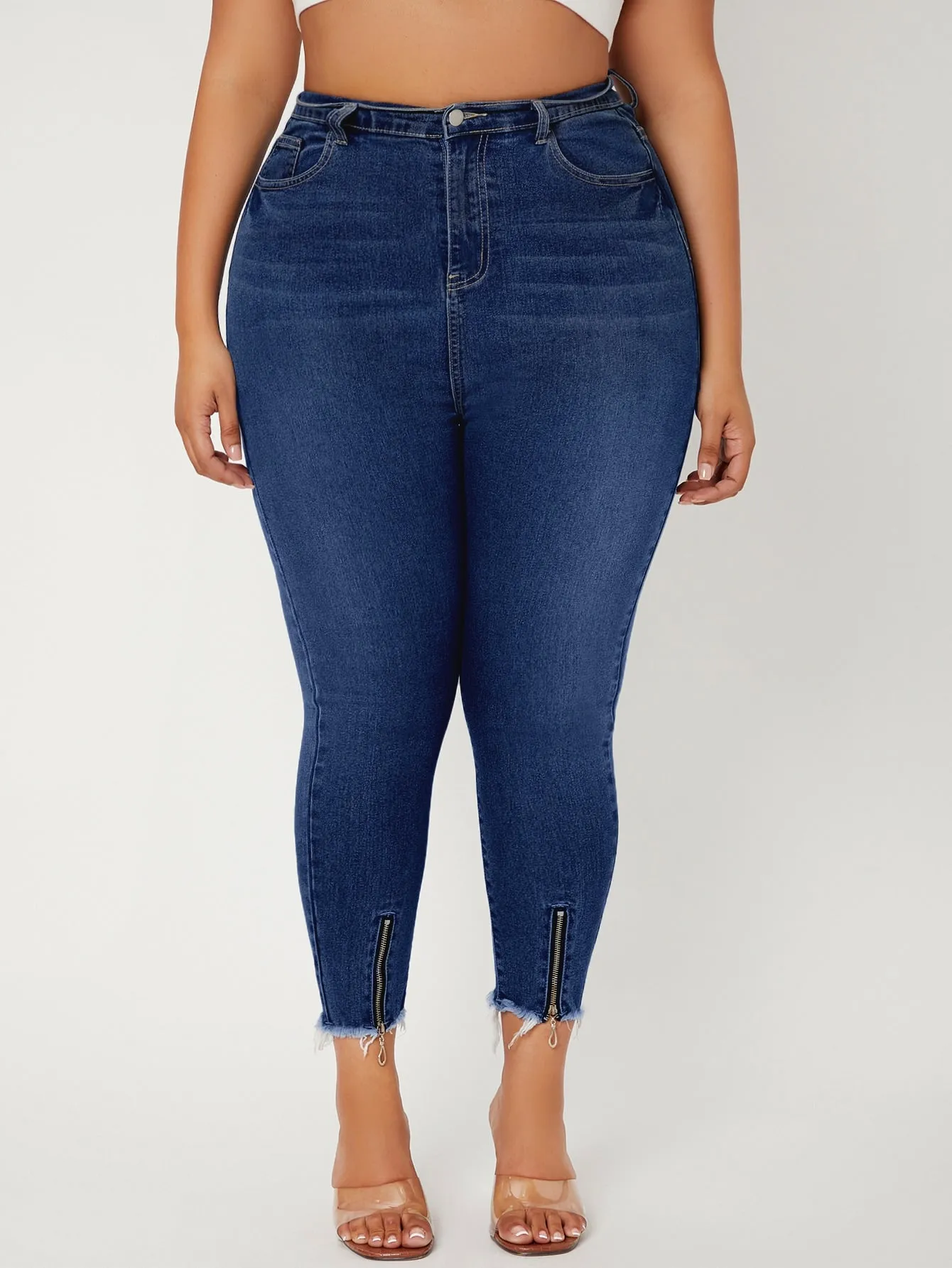 Plain Raw Hem High Waist Cropped Plus Size Jeans