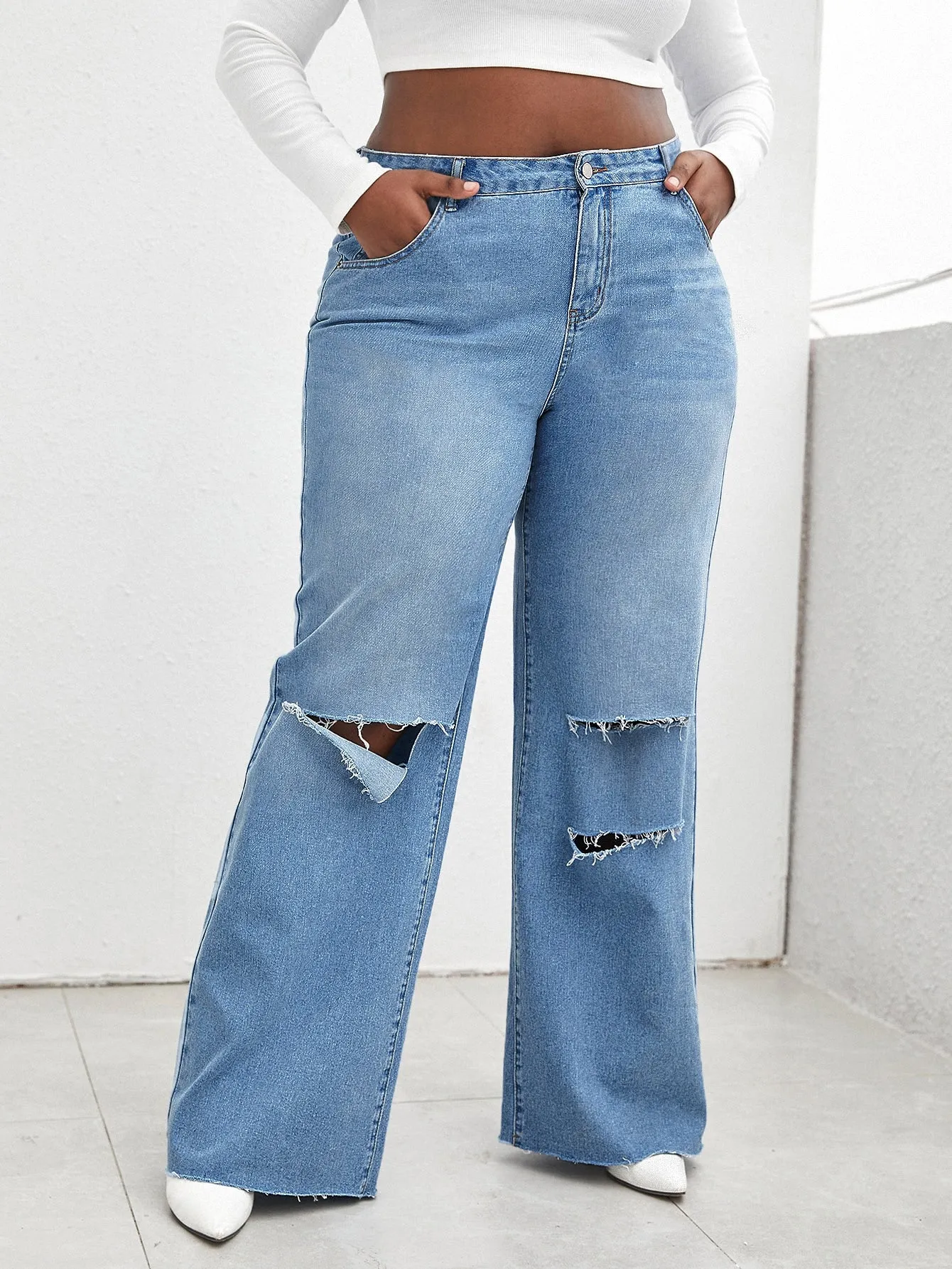 Plain Raw Wash Natural Long Plus Size Jeans