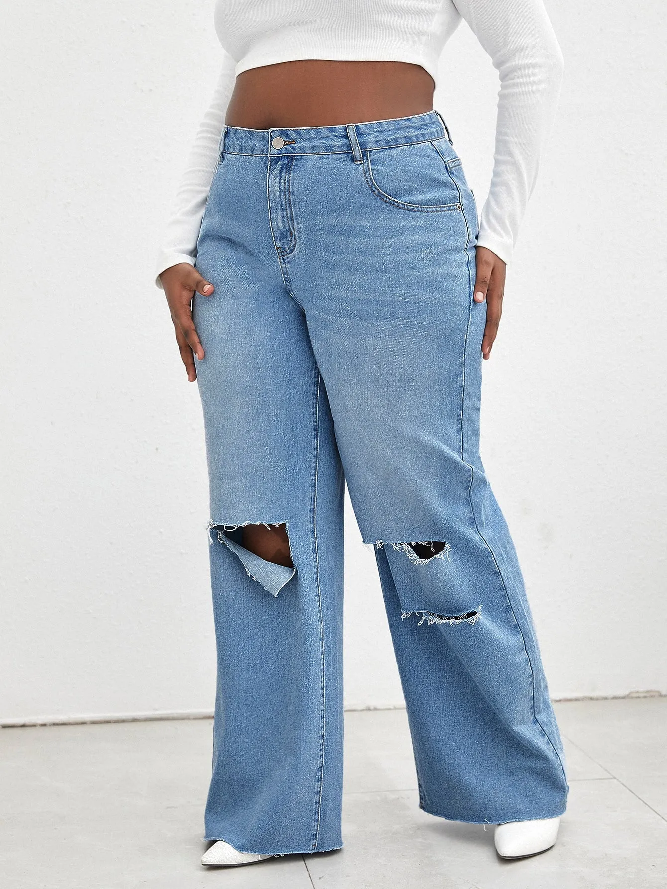 Plain Raw Wash Natural Long Plus Size Jeans