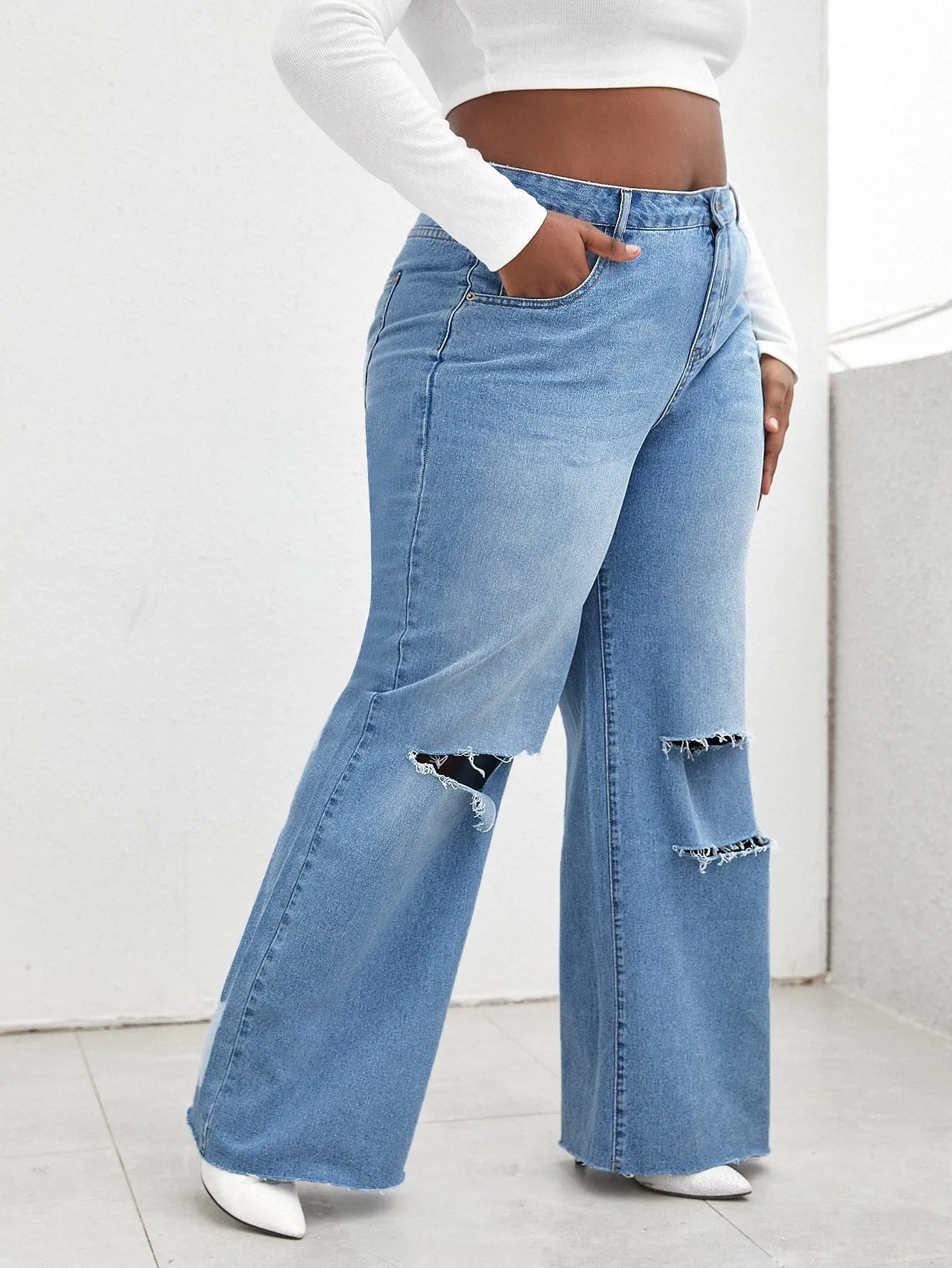 Plain Raw Wash Natural Long Plus Size Jeans