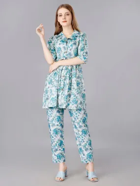 Printed  Blue 2-Piece Shirt & Trousers Set