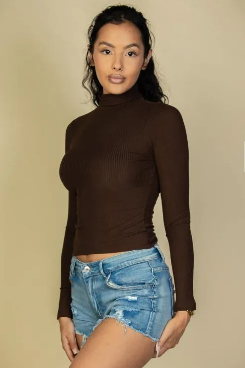 Ribbed Turtleneck Long Sleeve Top