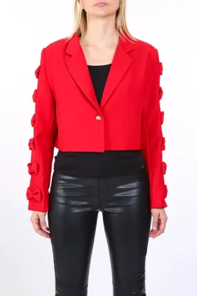 Ribbon Applique On Cutout Sleeves Crop Blazer