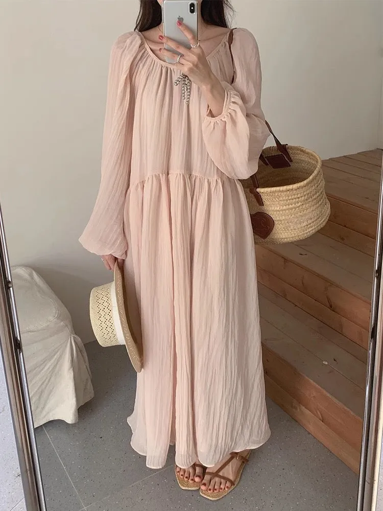 Romantic Pink Backless Puff Sleeve Long Vacation Dress