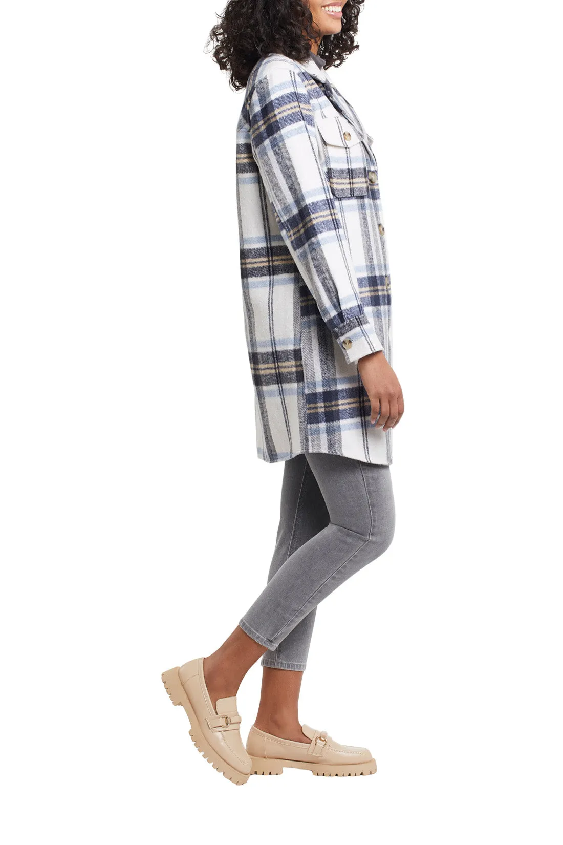 Shacket - Long Plaid with Notch Collar (Sailor Blue)