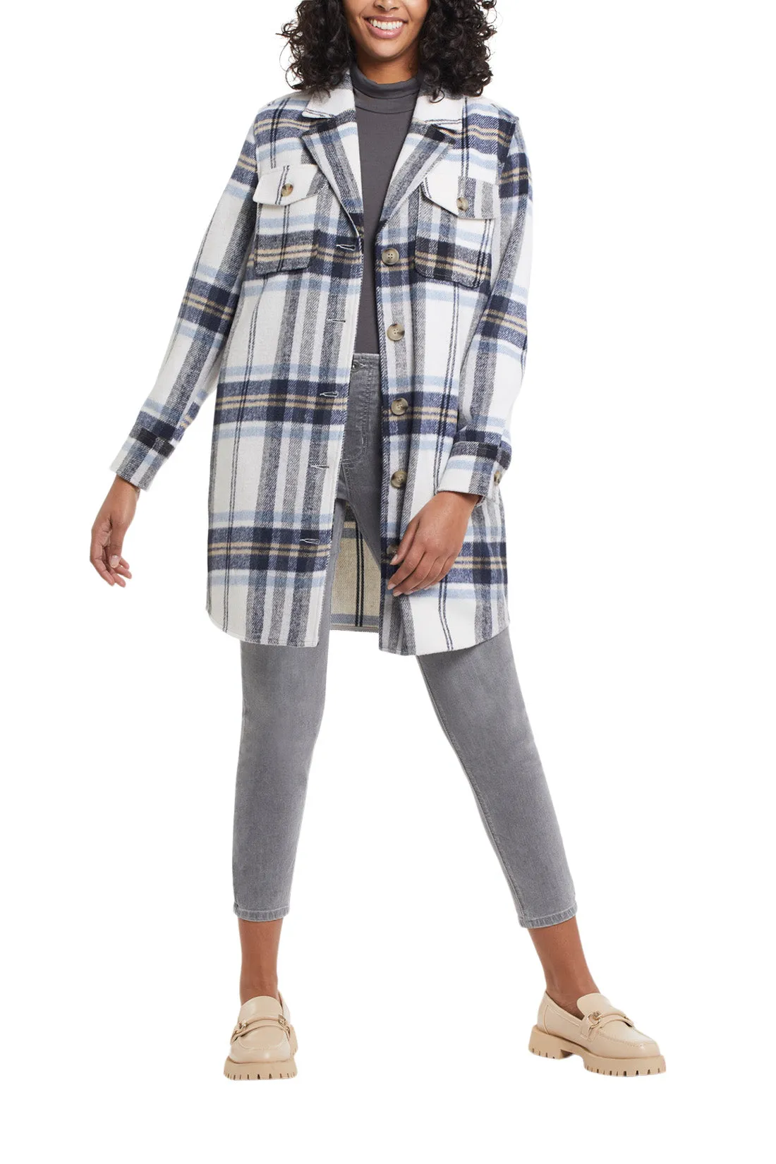 Shacket - Long Plaid with Notch Collar (Sailor Blue)