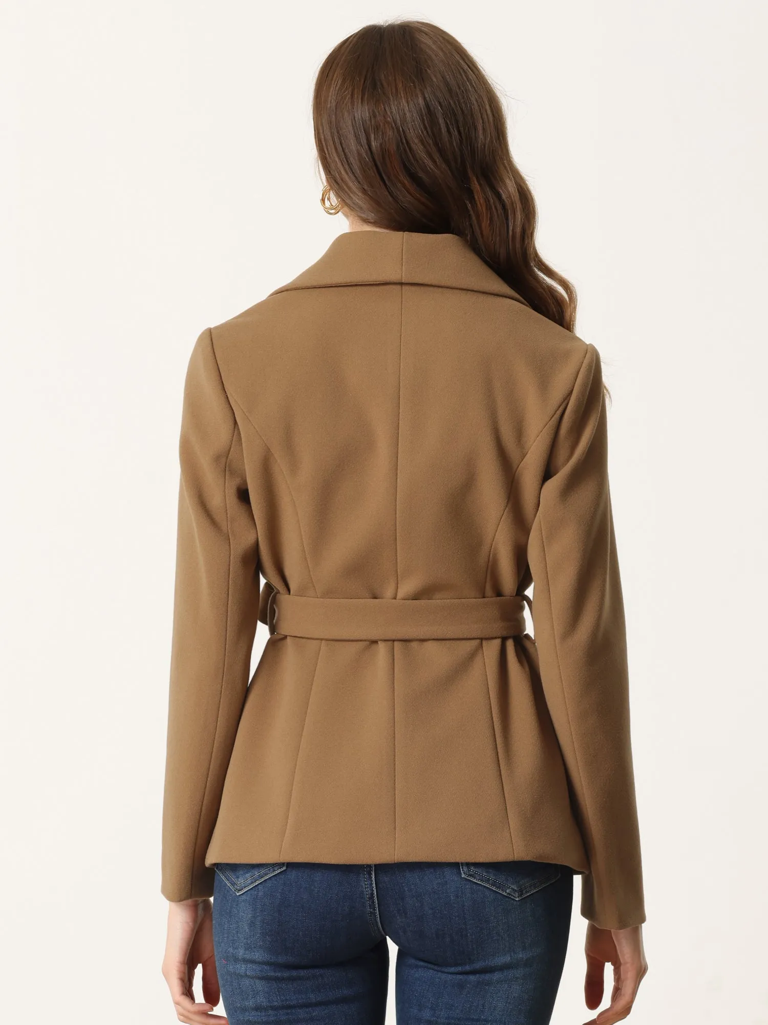 Shawl Lapel Collar Pea Buttoned Winter Belted Slant Pockets Coat