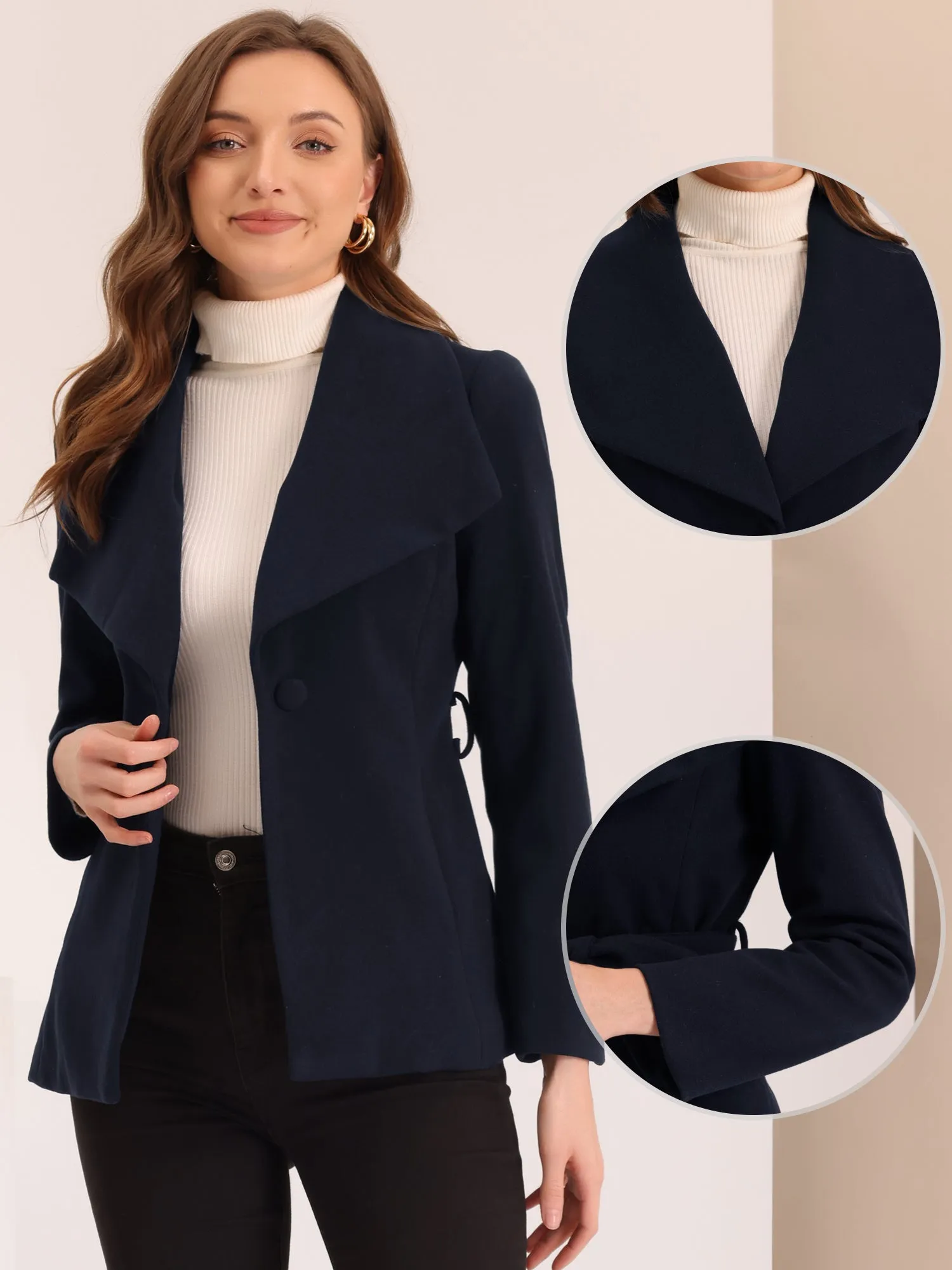 Shawl Lapel Collar Pea Buttoned Winter Belted Slant Pockets Coat