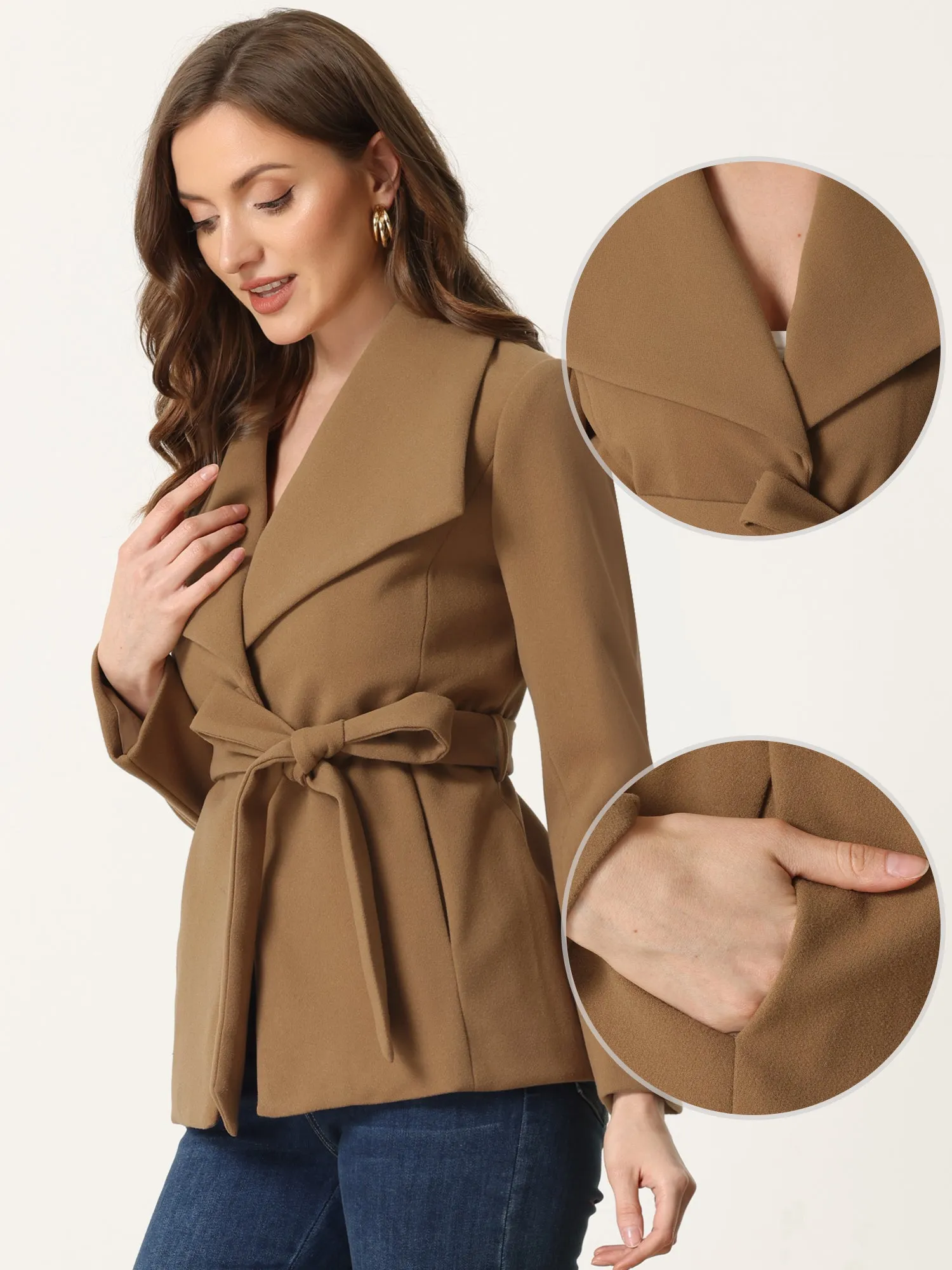 Shawl Lapel Collar Pea Buttoned Winter Belted Slant Pockets Coat