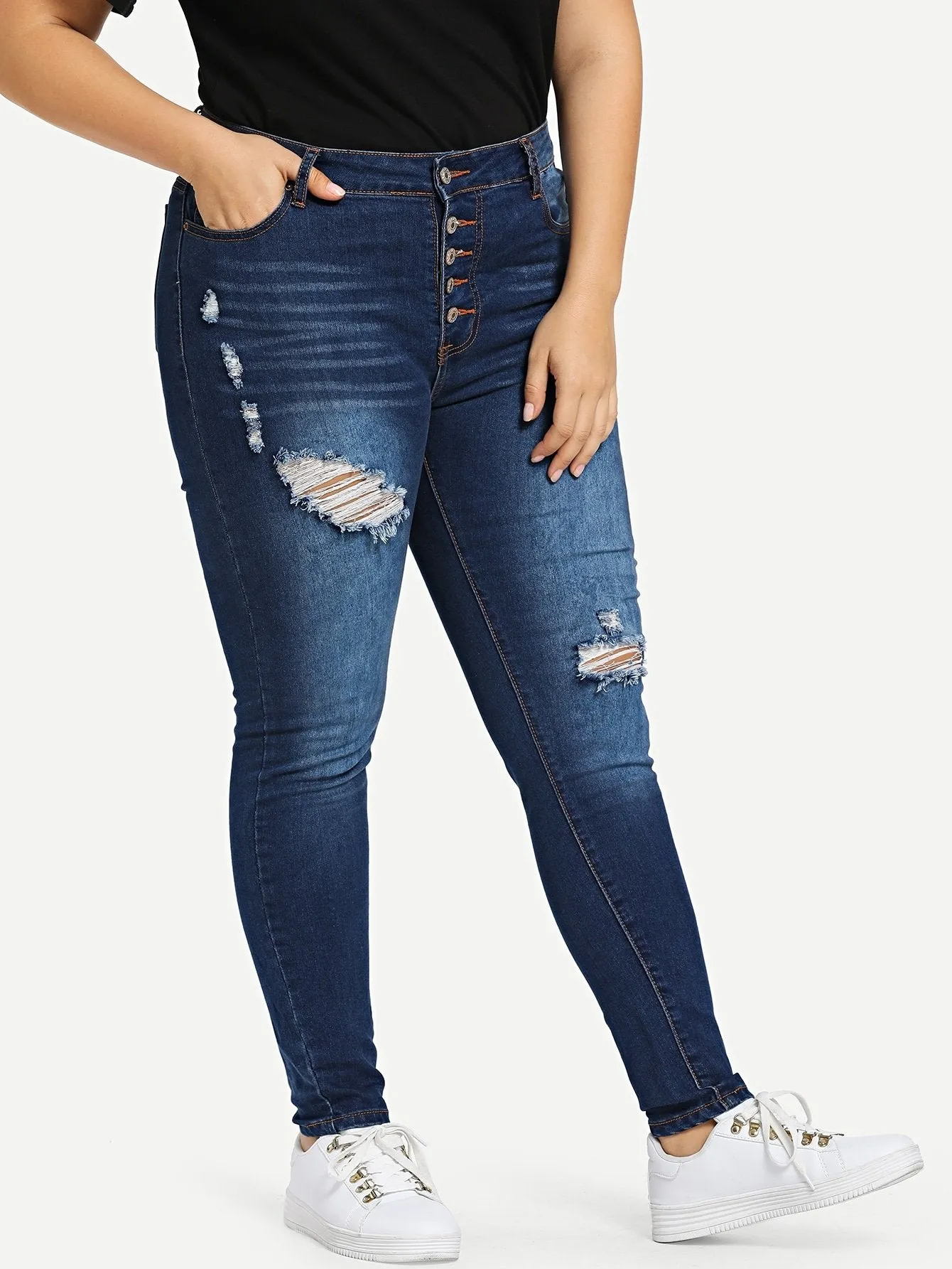 SHEIN Plus Bleach Wash Ripped Buttoned Jeans