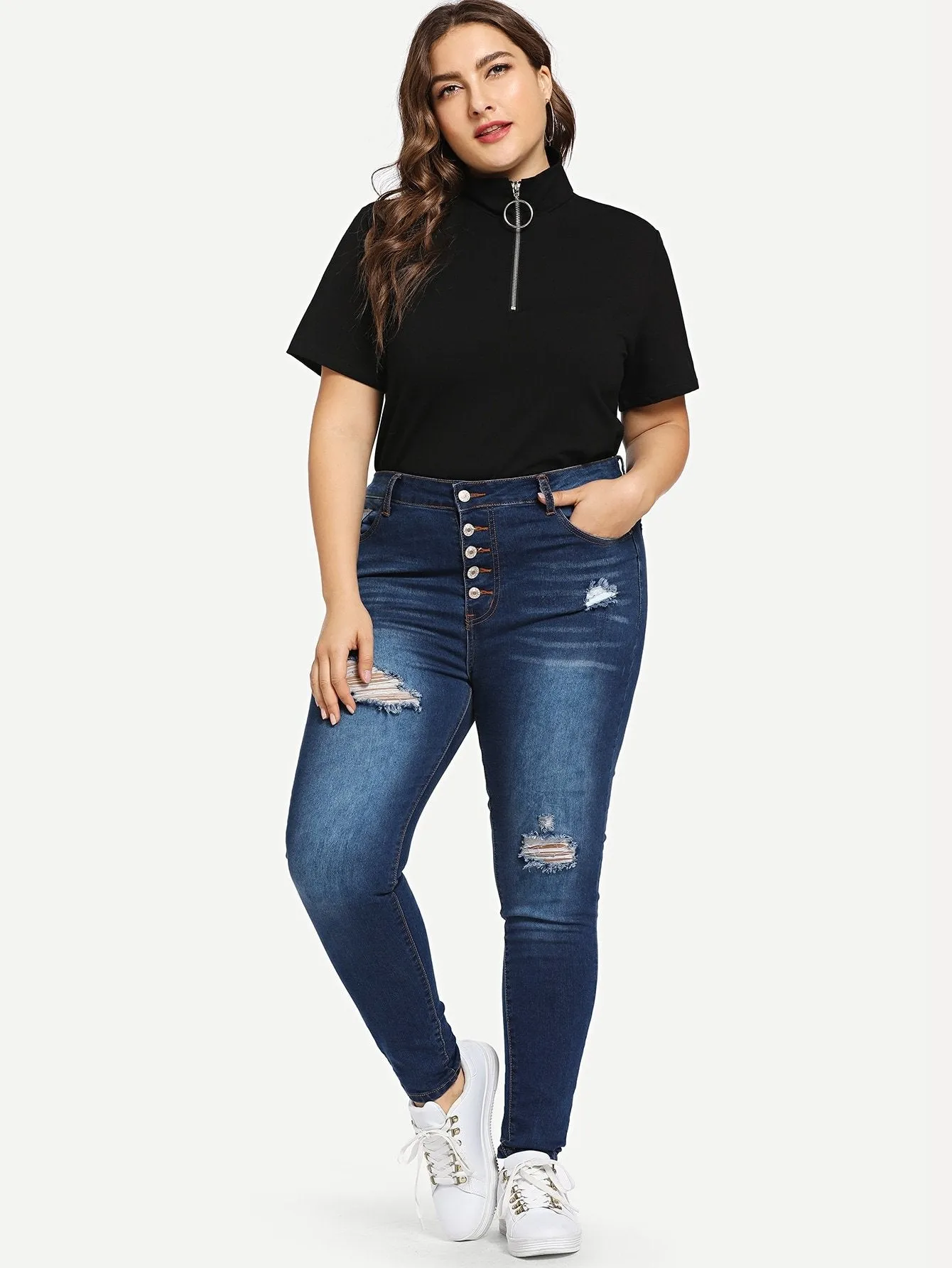 SHEIN Plus Bleach Wash Ripped Buttoned Jeans