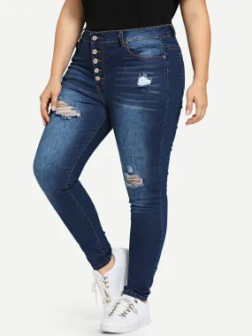 SHEIN Plus Bleach Wash Ripped Buttoned Jeans