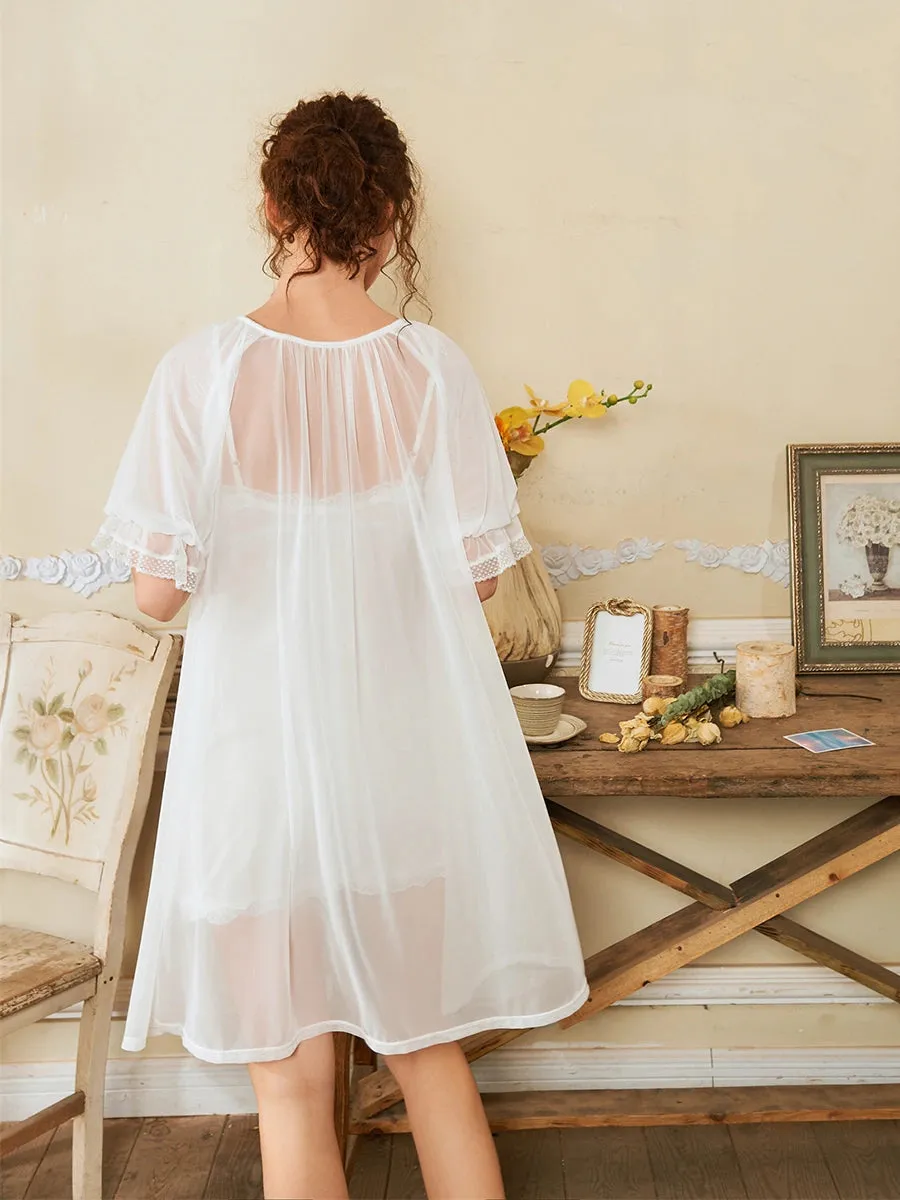 Slessic Lace See-through Mesh Robe Slip Nightdress Set