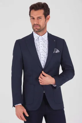 Slim Fit Peak Lapel Patterned Wool Blend Navy Casual Blazer, Navy D.