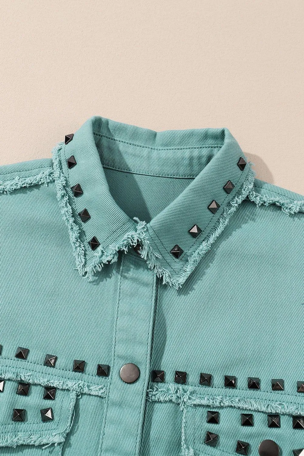 Soft Green Rivet Frayed Denim Jacket