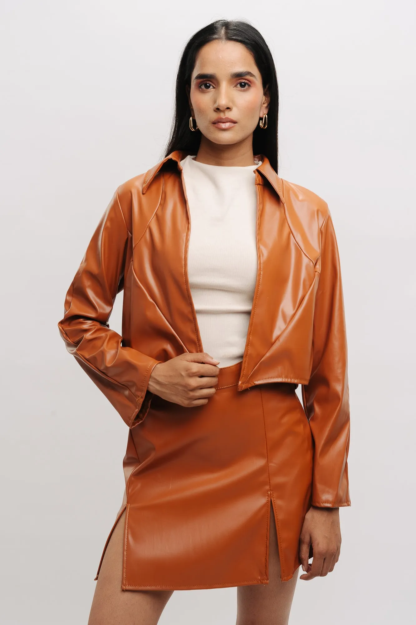 Tan Leather Crop Shacket