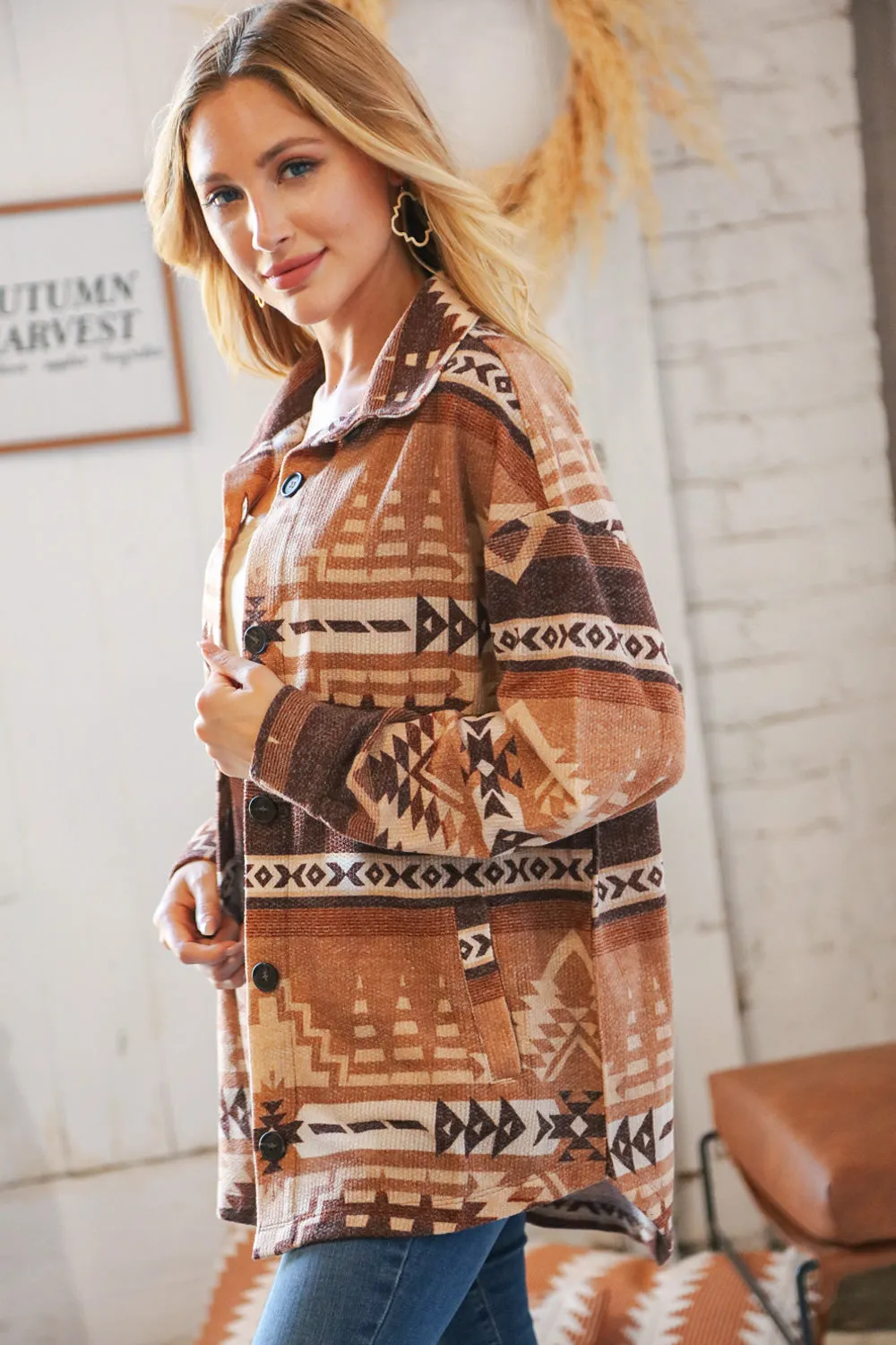 Taupe & Brown Brushed Aztec Oversize Pocketed Shacket